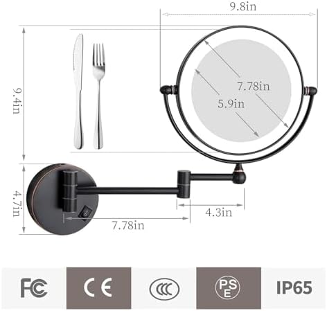 Wall Mounted Lighted Makeup Mirror 8-inch Swivel Extendable Design Plug Powered