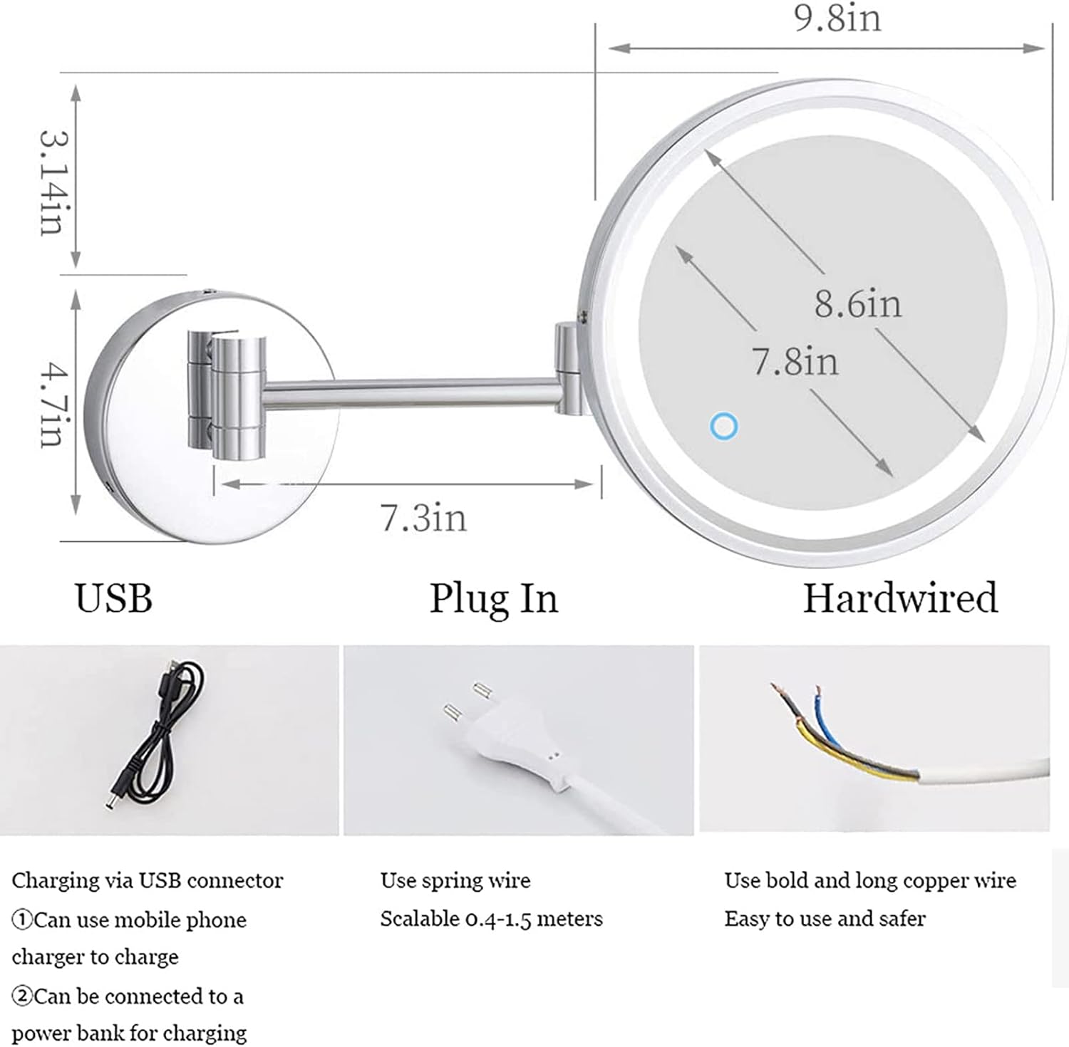 ZADIKO Touch Dimming Switch Makeup Mirror with Built-in LED Lights