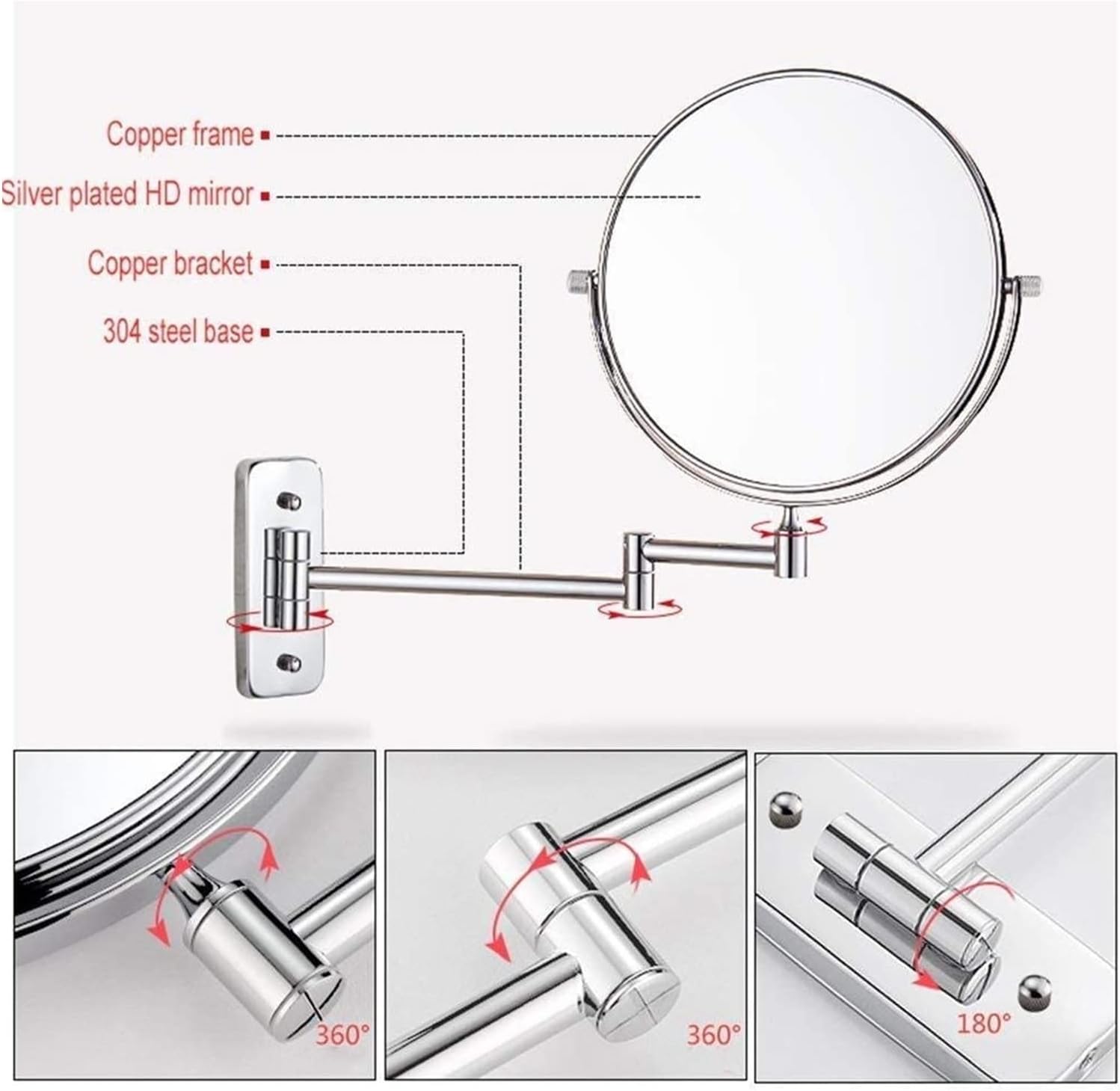 Adjustable 8-inch Vanity Mirror with 360-Degree Rotation