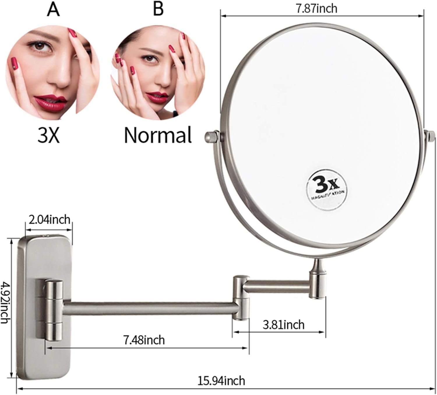 Double-Sided Makeup Mirror Extendable Wall-Mounted 3X Magnifying Shaving Mirror