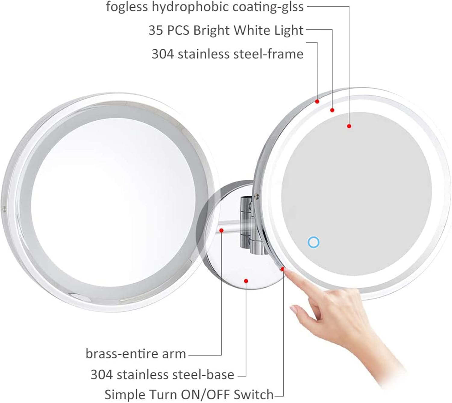 ZADIKO Touch Dimming Switch Makeup Mirror with Built-in LED Lights