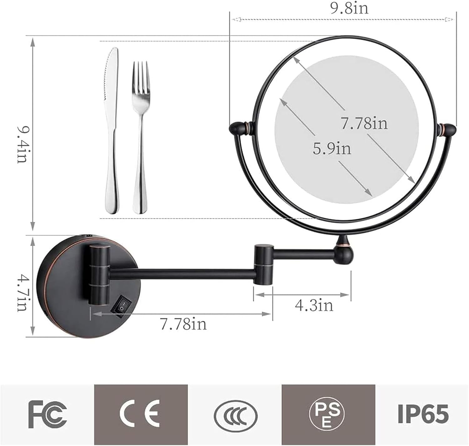 Wall Mounted Lighted Makeup Mirror 8-inch Swivel Extendable Design Plug Powered