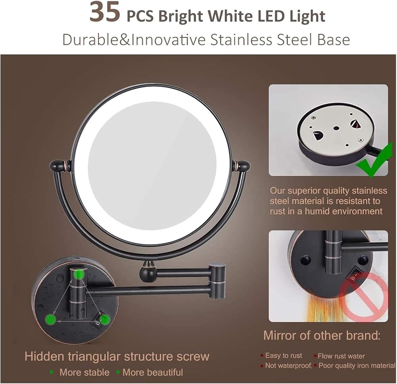 Wall Mounted Lighted Makeup Mirror 8-inch Swivel Extendable Design Plug Powered