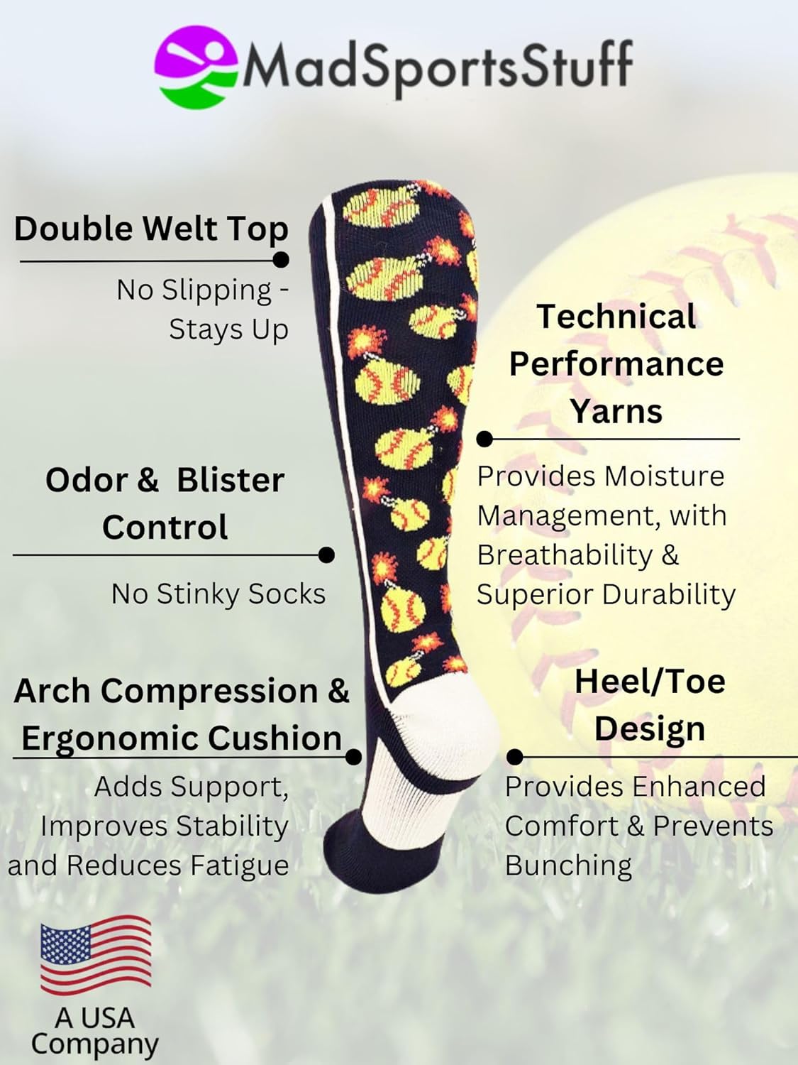 MadSportsStuff Softball Socks with Bombs