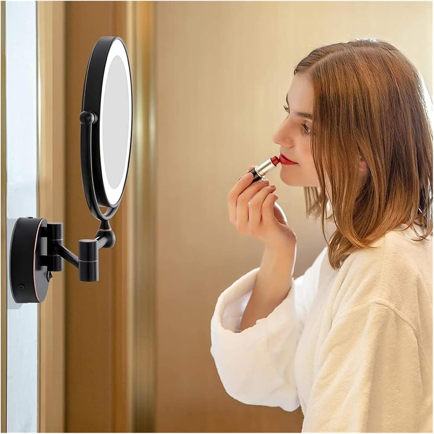 Wall Mounted Lighted Makeup Mirror 8-inch Swivel Extendable Design Plug Powered