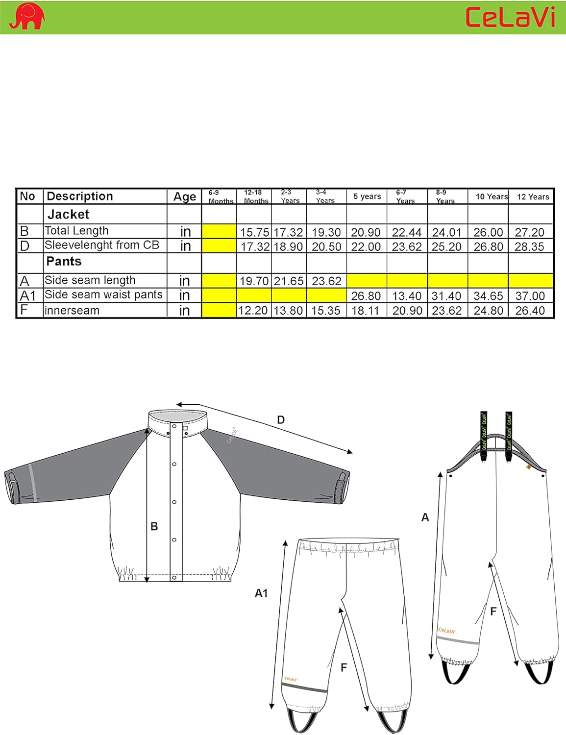 CeLaVi European Kids Rain and Snow Suit for Boys Girls