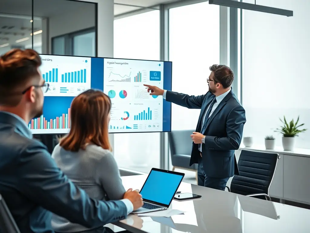 A consultant is presenting a digital transformation strategy to a client in a modern office setting. The image should convey professionalism and innovation.