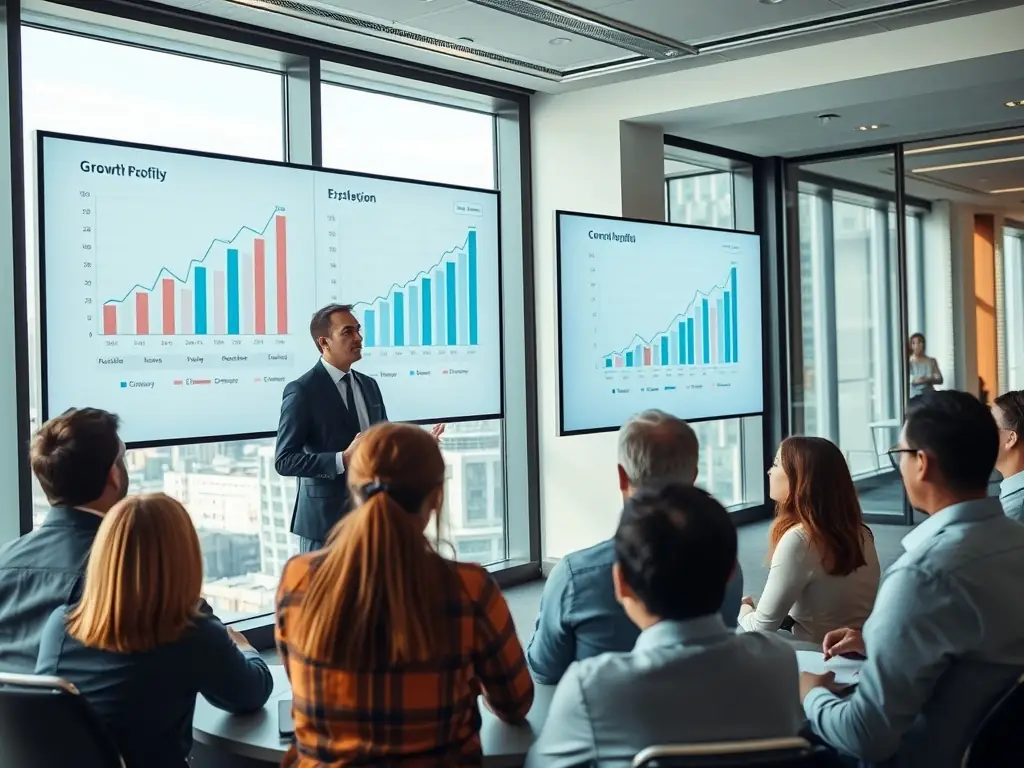 A consultant is presenting an e-commerce platform design to a client, showcasing improved user interface and functionality. The image should convey innovation and user-centric design.