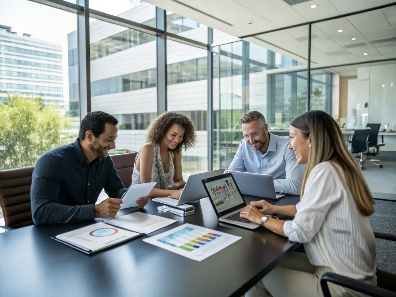 A diverse team of consultants brainstorming ideas in a brightly lit conference room, emphasizing collaboration and innovation.