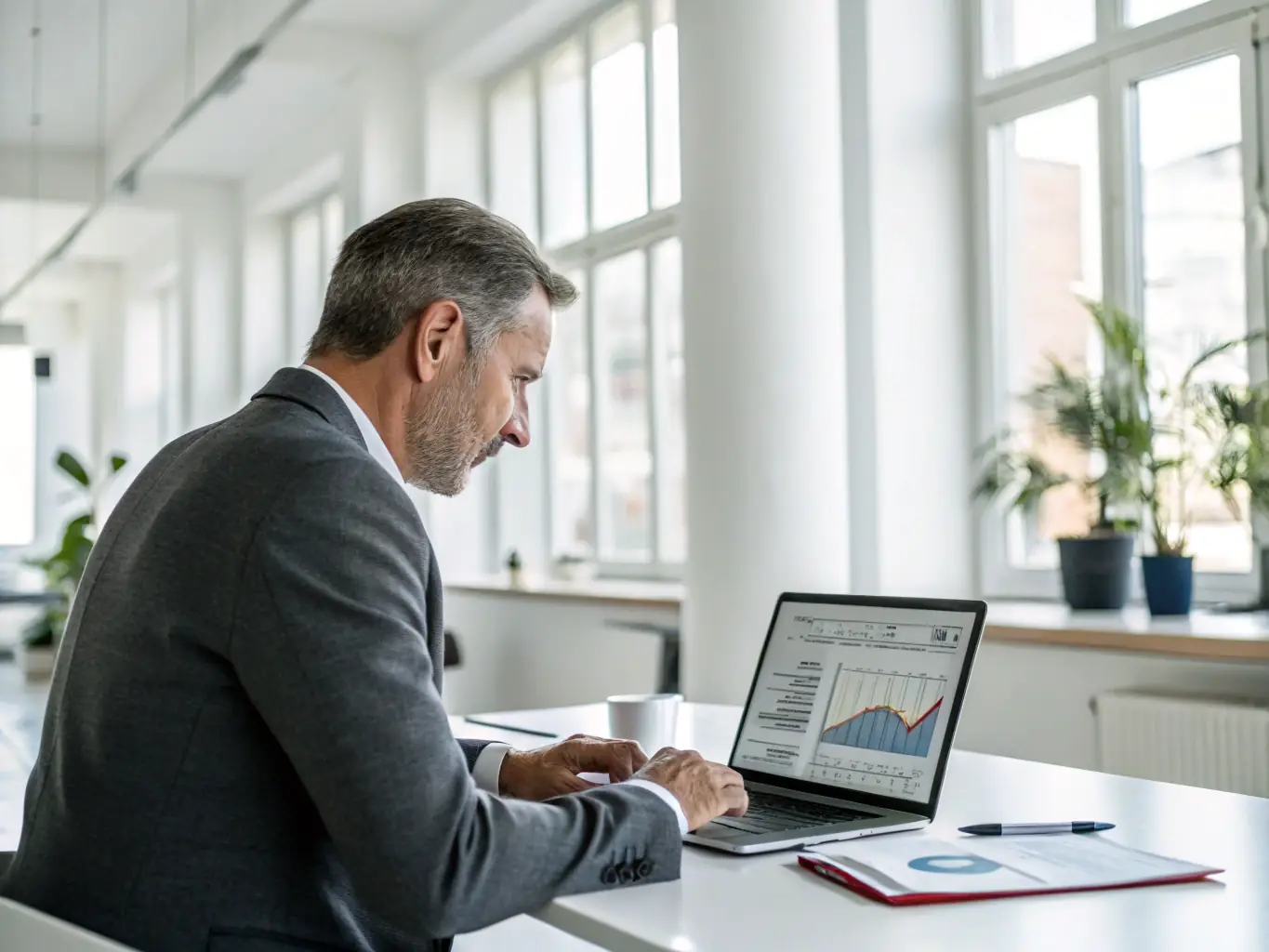 A consultant is analyzing supply chain data on a computer screen, with charts and graphs illustrating optimization opportunities. The image should convey data-driven decision-making and efficiency.
