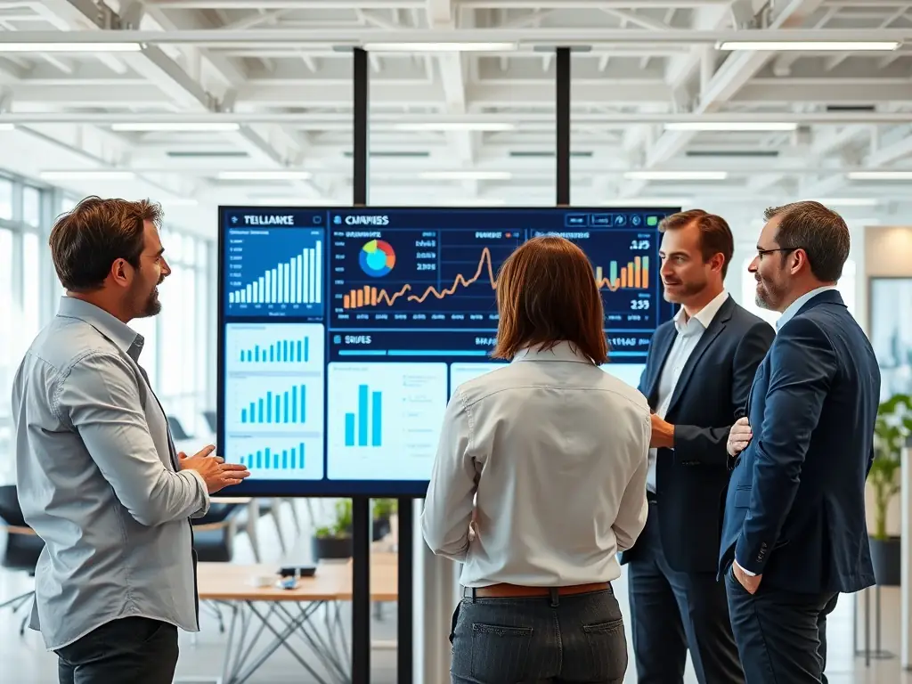 A modern office setting with consultants collaborating around a digital display showcasing data analytics and strategic planning for digital transformation.